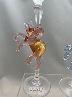 Pair Vintage Blue Pink Gold Elephant Wine Stem Glass Murano Italy Gender Reveal