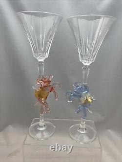 Pair Vintage Blue Pink Gold Elephant Wine Stem Glass Murano Italy Gender Reveal