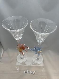 Pair Vintage Blue Pink Gold Elephant Wine Stem Glass Murano Italy Gender Reveal