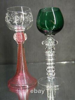 Pair Vintage Bohemian Art Glass Goblets / Wine Hocks