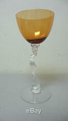 Pair Vintage Cambridge Statuesque Nude Amber Top Wine Goblets / Stems #3011