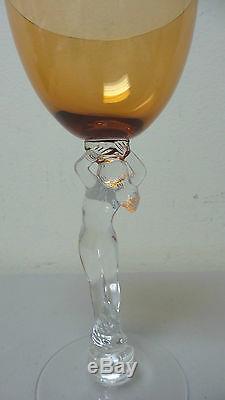 Pair Vintage Cambridge Statuesque Nude Amber Top Wine Goblets / Stems #3011