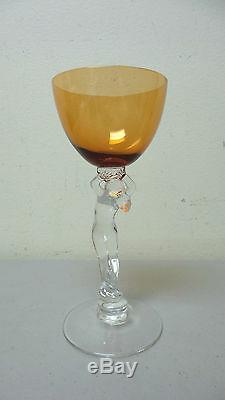 Pair Vintage Cambridge Statuesque Nude Amber Top Wine Goblets / Stems #3011