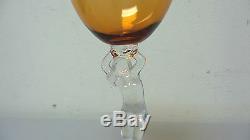 Pair Vintage Cambridge Statuesque Nude Amber Top Wine Goblets / Stems #3011