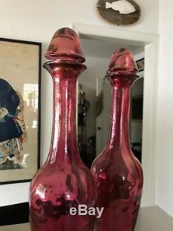 Pair Vintage Deep Rosé Pink Art Glass Spanish Wine Decanters Matching Stoppers