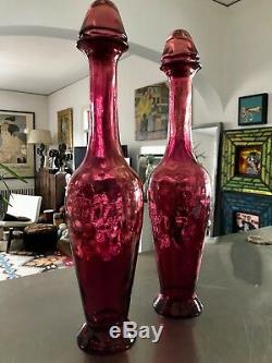 Pair Vintage Deep Rosé Pink Art Glass Spanish Wine Decanters Matching Stoppers