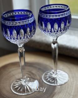 Pair Vintage Waterford Clarendon Cobalt Blue Crystal Wine Glasses Marked