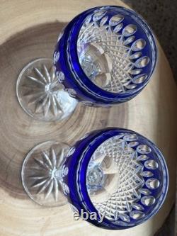 Pair Vintage Waterford Clarendon Cobalt Blue Crystal Wine Glasses Marked