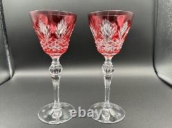 Pair of Ruby Red BOHEMIAN CZECH CRYSTAL Vtg Wine Glasses, Color Cut to Clear Mint