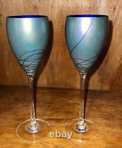 Pair of Vintage Steven Maslach Art Studio Signed Iridescent Crystal Wine Glasses