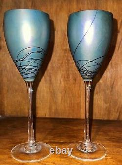 Pair of Vintage Steven Maslach Art Studio Signed Iridescent Crystal Wine Glasses