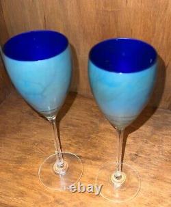 Pair of Vintage Steven Maslach Art Studio Signed Iridescent Crystal Wine Glasses