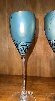 Pair of Vintage Steven Maslach Art Studio Signed Iridescent Crystal Wine Glasses