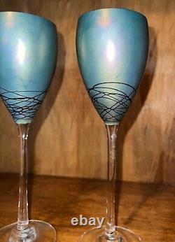 Pair of Vintage Steven Maslach Art Studio Signed Iridescent Crystal Wine Glasses