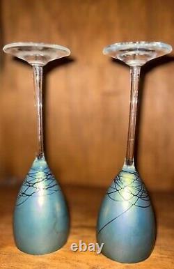 Pair of Vintage Steven Maslach Art Studio Signed Iridescent Crystal Wine Glasses