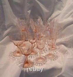 Pink Depression Floral Optic Wine, Champagne Mixed Glasses Set Vintage Etch Lot