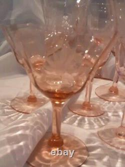 Pink Depression Floral Optic Wine, Champagne Mixed Glasses Set Vintage Etch Lot