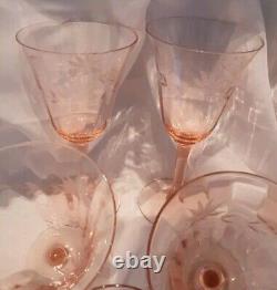 Pink Depression Floral Optic Wine, Champagne Mixed Glasses Set Vintage Etch Lot