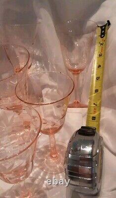Pink Depression Floral Optic Wine, Champagne Mixed Glasses Set Vintage Etch Lot