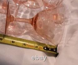 Pink Depression Floral Optic Wine, Champagne Mixed Glasses Set Vintage Etch Lot