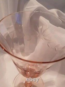 Pink Depression Floral Optic Wine, Champagne Mixed Glasses Set Vintage Etch Lot