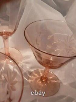 Pink Depression Floral Optic Wine, Champagne Mixed Glasses Set Vintage Etch Lot
