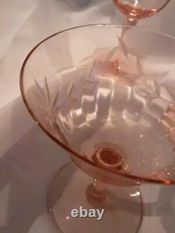 Pink Depression Floral Optic Wine, Champagne Mixed Glasses Set Vintage Etch Lot