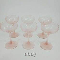 Pink Depression Glass Etched Vintage Coupe Champagne Floral Pattern Lot 6 READ
