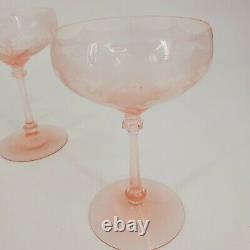 Pink Depression Glass Etched Vintage Coupe Champagne Floral Pattern Lot 6 READ