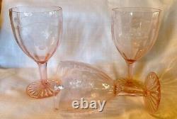 Pink Grape Etched Wine Set Of 3 Glasses Beveled 9 Oz Stem Goblet Vtg Crystal Lot