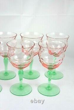 Pink Green Watermelon Wine Glasses Depression Diamond Optic Set of 7 Vtg Tiffin
