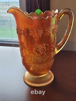 Pretty Marigold Fenton Carnival Glass Wine & Roses Pattern Cider Pitcher