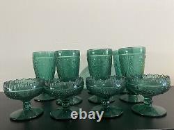 Princess House Vintage 7 Green crystal wine glasses And 4 Ice cream Dishes