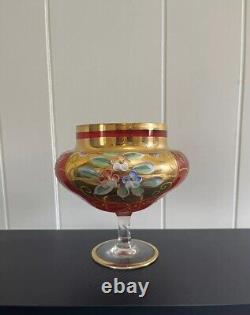 RARE 1800s Vintage Czech Red Wine Goblet Glass with Enameled Flowers & Gold Tone