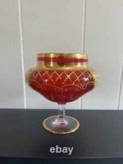 RARE 1800s Vintage Czech Red Wine Goblet Glass with Enameled Flowers & Gold Tone