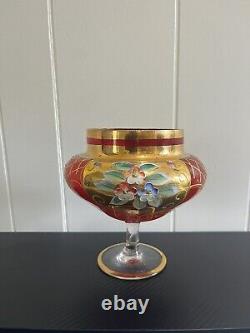 RARE 1800s Vintage Czech Red Wine Goblet Glass with Enameled Flowers & Gold Tone