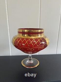 RARE 1800s Vintage Czech Red Wine Goblet Glass with Enameled Flowers & Gold Tone