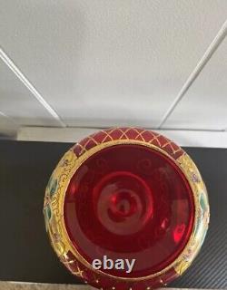 RARE 1800s Vintage Czech Red Wine Goblet Glass with Enameled Flowers & Gold Tone