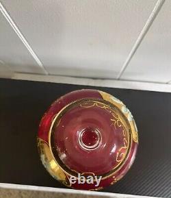 RARE 1800s Vintage Czech Red Wine Goblet Glass with Enameled Flowers & Gold Tone