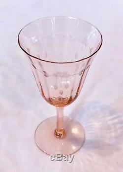 RARE 9 Vtg Etched Pink Optic Depression Glass Stemware Wine Goblets