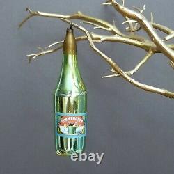 RARE Antique CHAMPAGNE BOTTLE Wine PAPER LABEL Germany GREEN GLASS Xmas Ornament