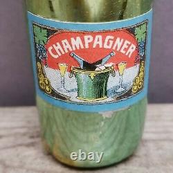 RARE Antique CHAMPAGNE BOTTLE Wine PAPER LABEL Germany GREEN GLASS Xmas Ornament