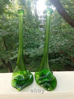 RARE PAIR VTG 1960s GREEN STRETCH MELTED 4/5 QUART GLASS WINE BOTTLES VASES 13