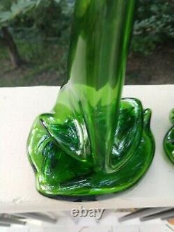 RARE PAIR VTG 1960s GREEN STRETCH MELTED 4/5 QUART GLASS WINE BOTTLES VASES 13