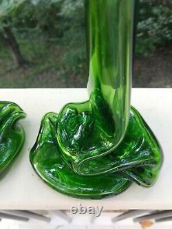 RARE PAIR VTG 1960s GREEN STRETCH MELTED 4/5 QUART GLASS WINE BOTTLES VASES 13