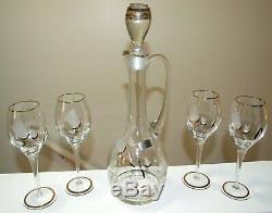 RARE Vintage Romanian Crystal Decanter & Glasses SetEtched Crystal & Gold Leaf