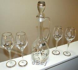 RARE Vintage Romanian Crystal Decanter & Glasses SetEtched Crystal & Gold Leaf