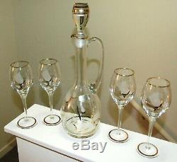 RARE Vintage Romanian Crystal Decanter & Glasses SetEtched Crystal & Gold Leaf