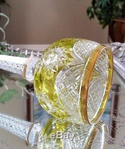 RARE Vintage St Louis France Yellow & Gold Trim Cut to Clear Crystal Wine Goblet