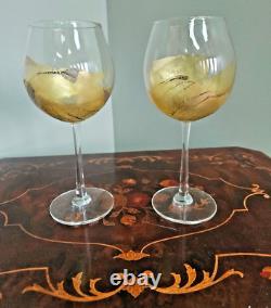 Randy Strong 22 Carat Gold Leaf Wine Glasses Rare Pair Signed 1988